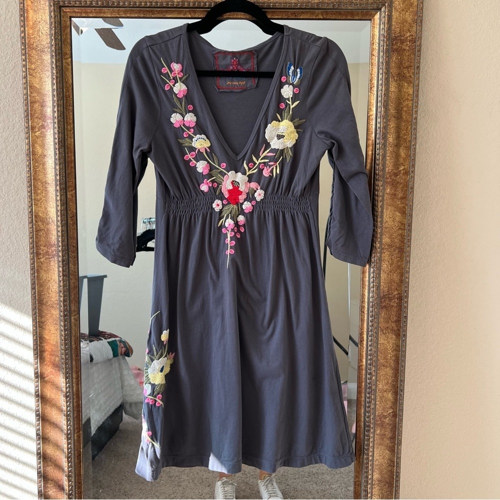 Johnny Was Charcoal Mini Dress with Pink, Yellow & Red Floral Embroidery